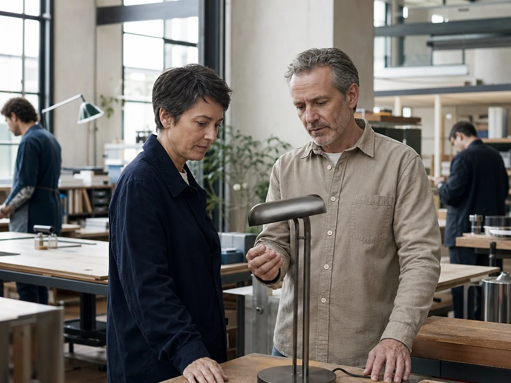 Representative AI-generated scene of business owners in a product-design studio