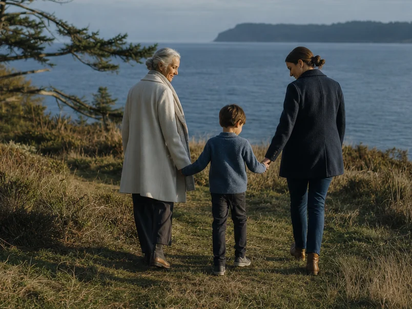 Representative AI-generated scene of three generations walking together beside the coast